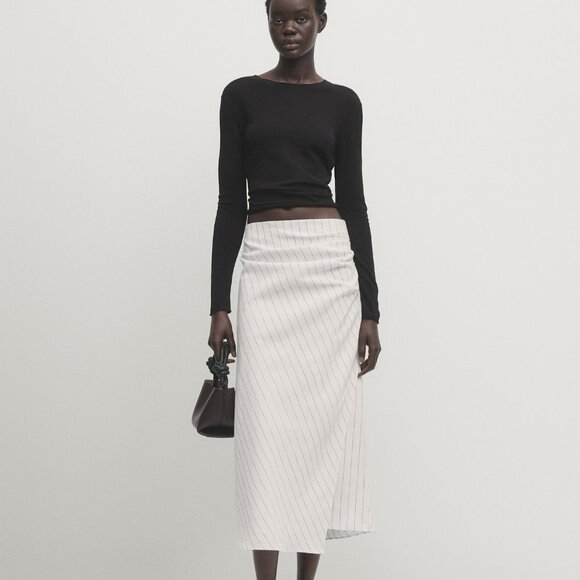 MASSIMO DUTTI Striped Midi Skirt With Pleat Detail In White Size L NWT - Picture 2 of 13